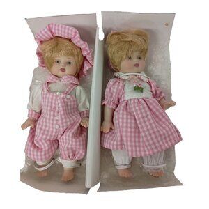 Vintage Delton Porcelain Miniature Doll Set Pink Checkered Outfits Rare NEW